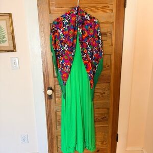 Vintage Green Halter Gown with Retro Fringe Shawl Size Small / Medium